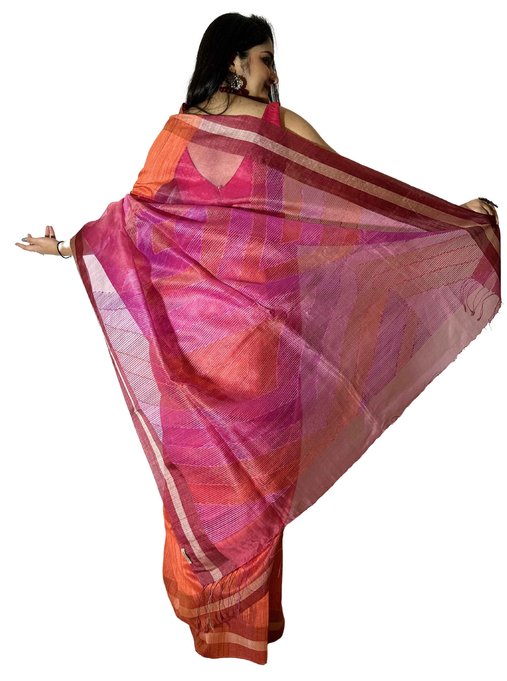 Pure handloom Orange and Pink Tussa Silk Saree with Jamdani work