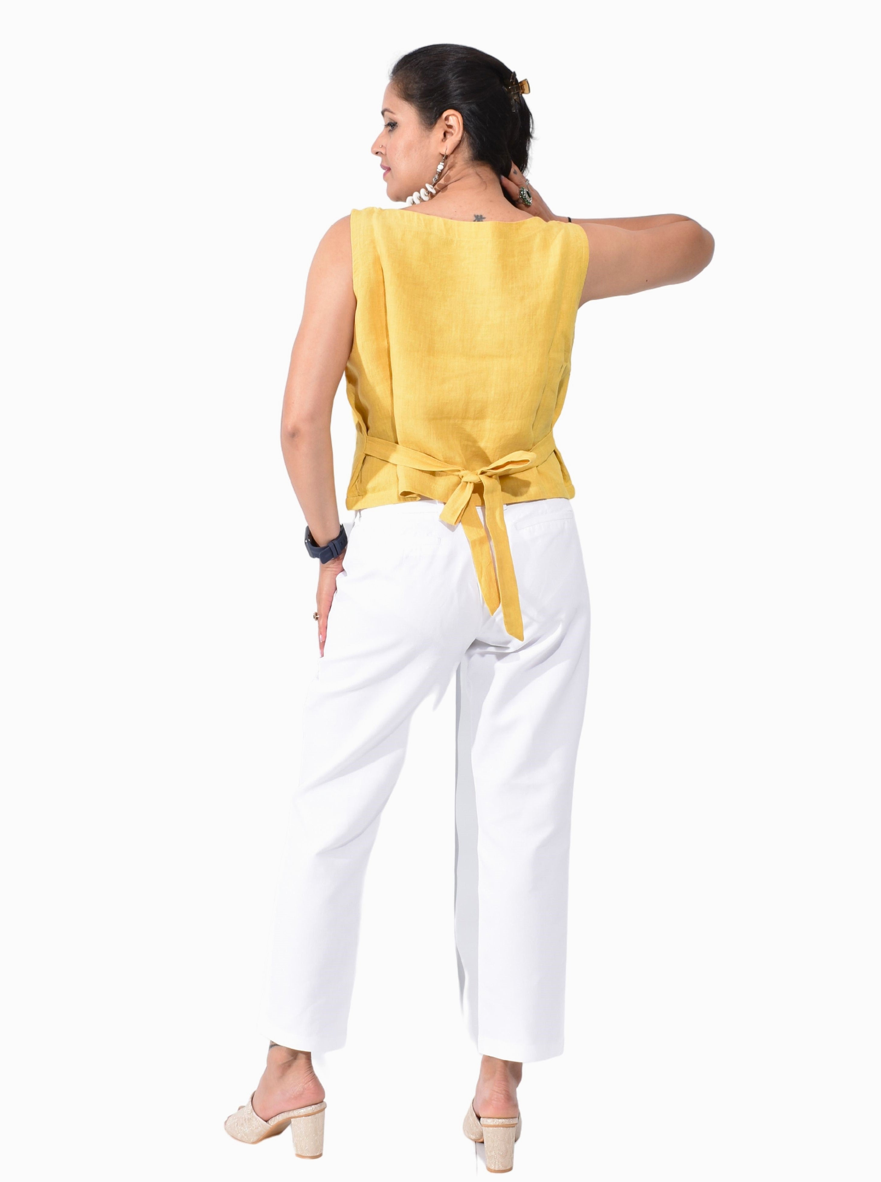 Pure Handloom Linen Haldi Yellow Hand embroidered Top