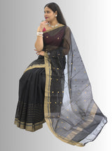 Chanderi Silk Black  Saree with Golden Zari Stripes Border