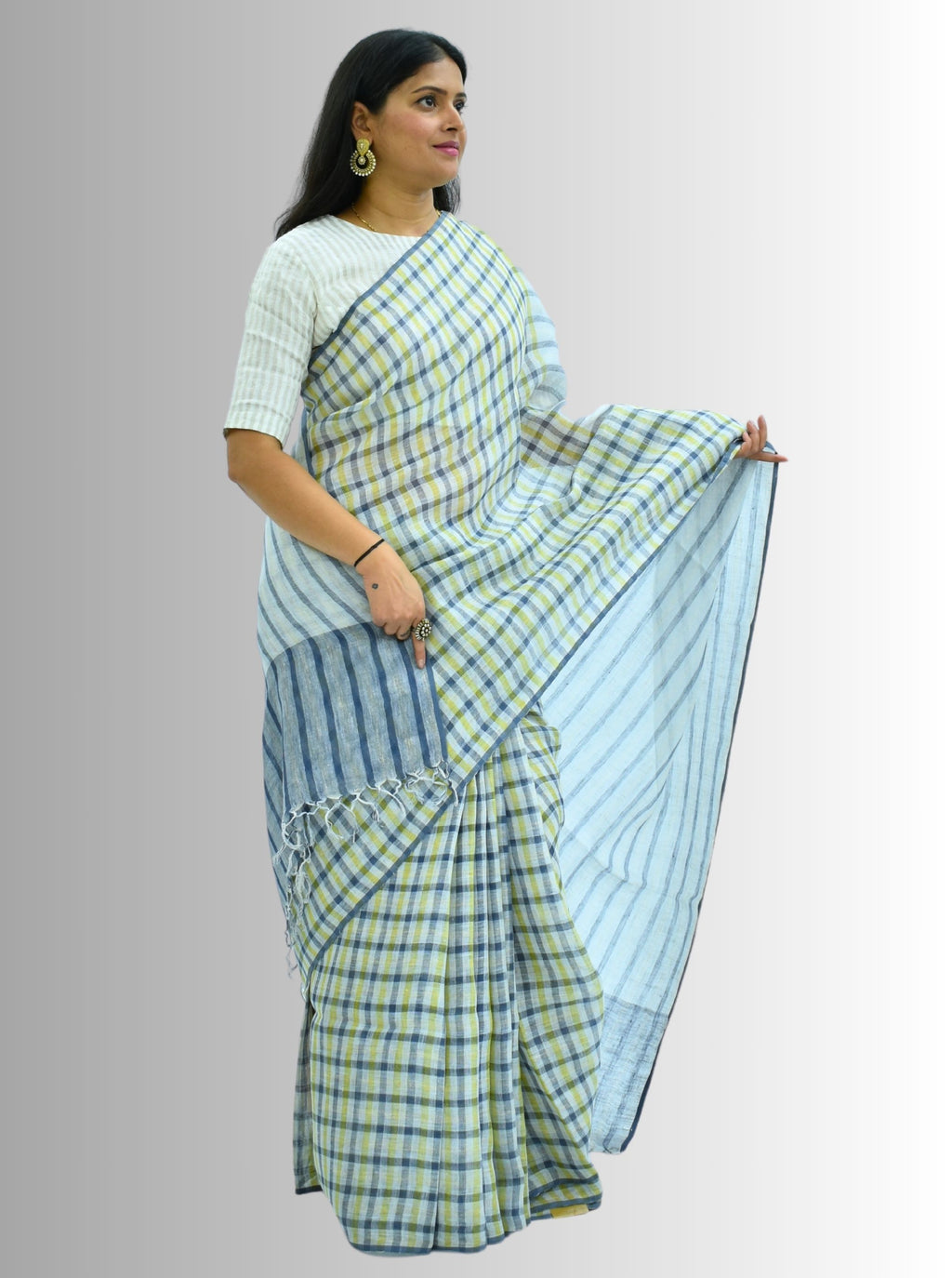 Pure Handloom Linen Beige Brown & Pink Check Saree