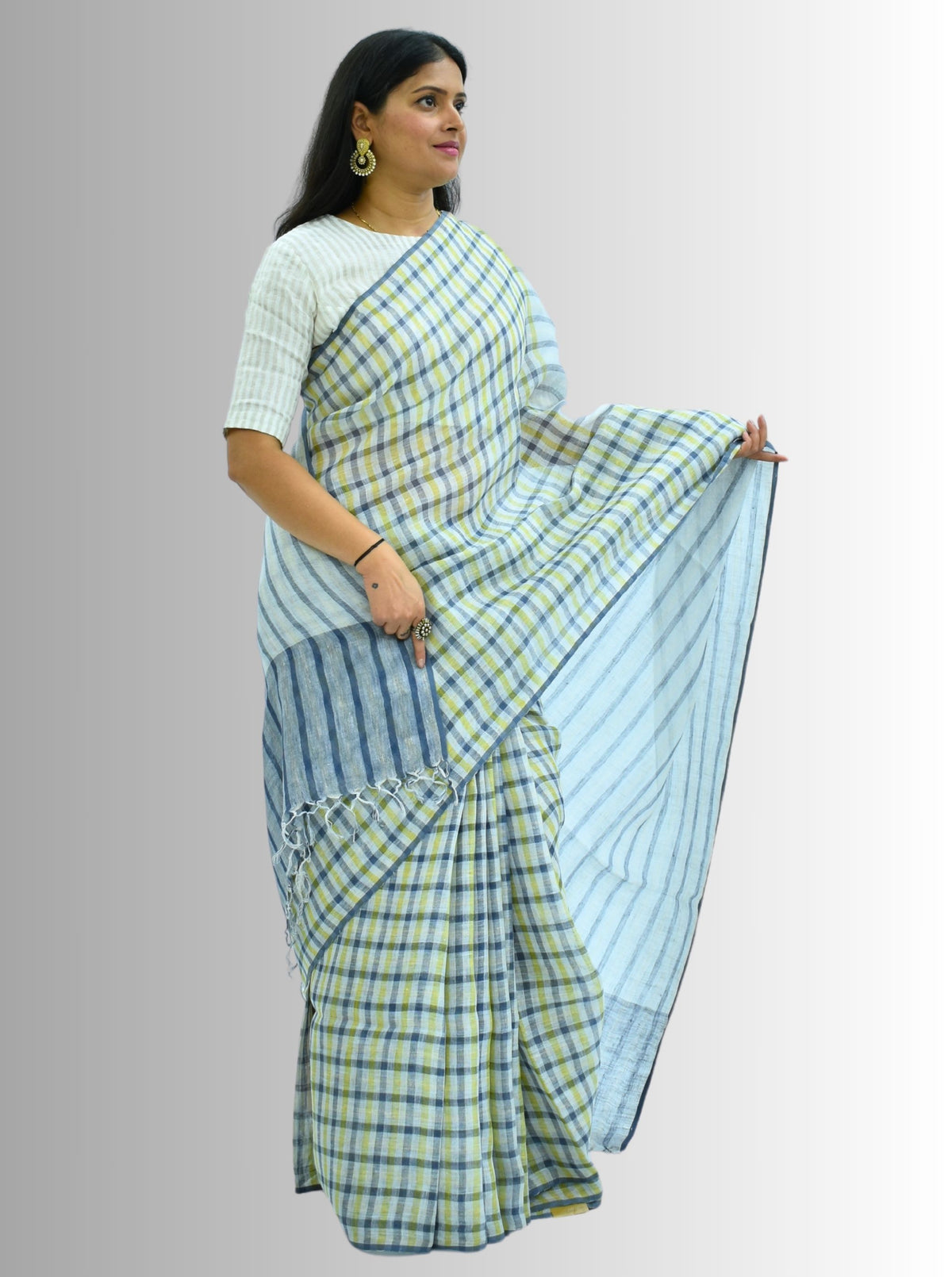 Pure Handloom Linen Beige Brown & Pink Check Saree