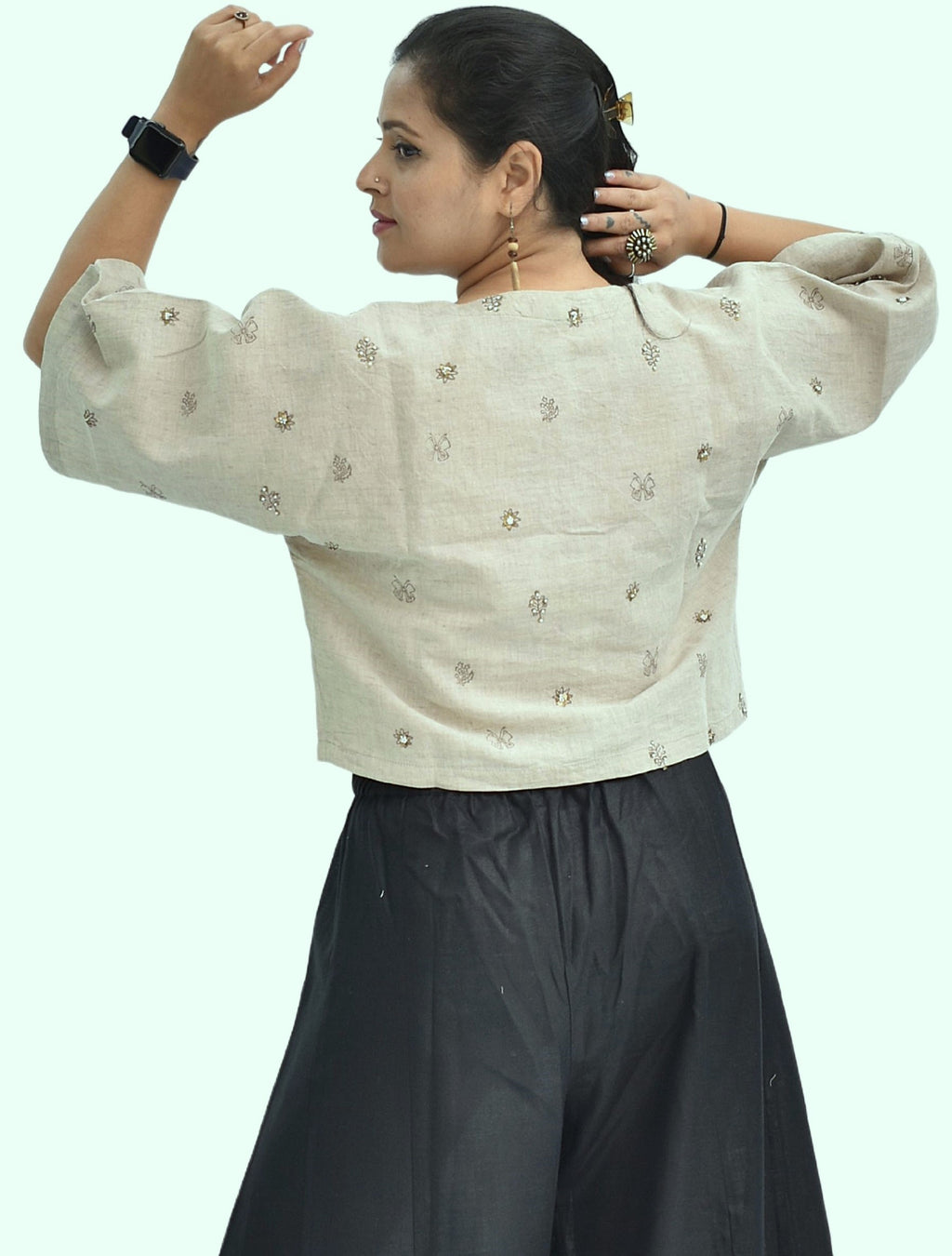 Pure Handloom Cotton Linen Soil Beige Color Hand embroidered Top
