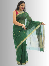 Chanderi Silk Green  Saree with Golden & Silver Border