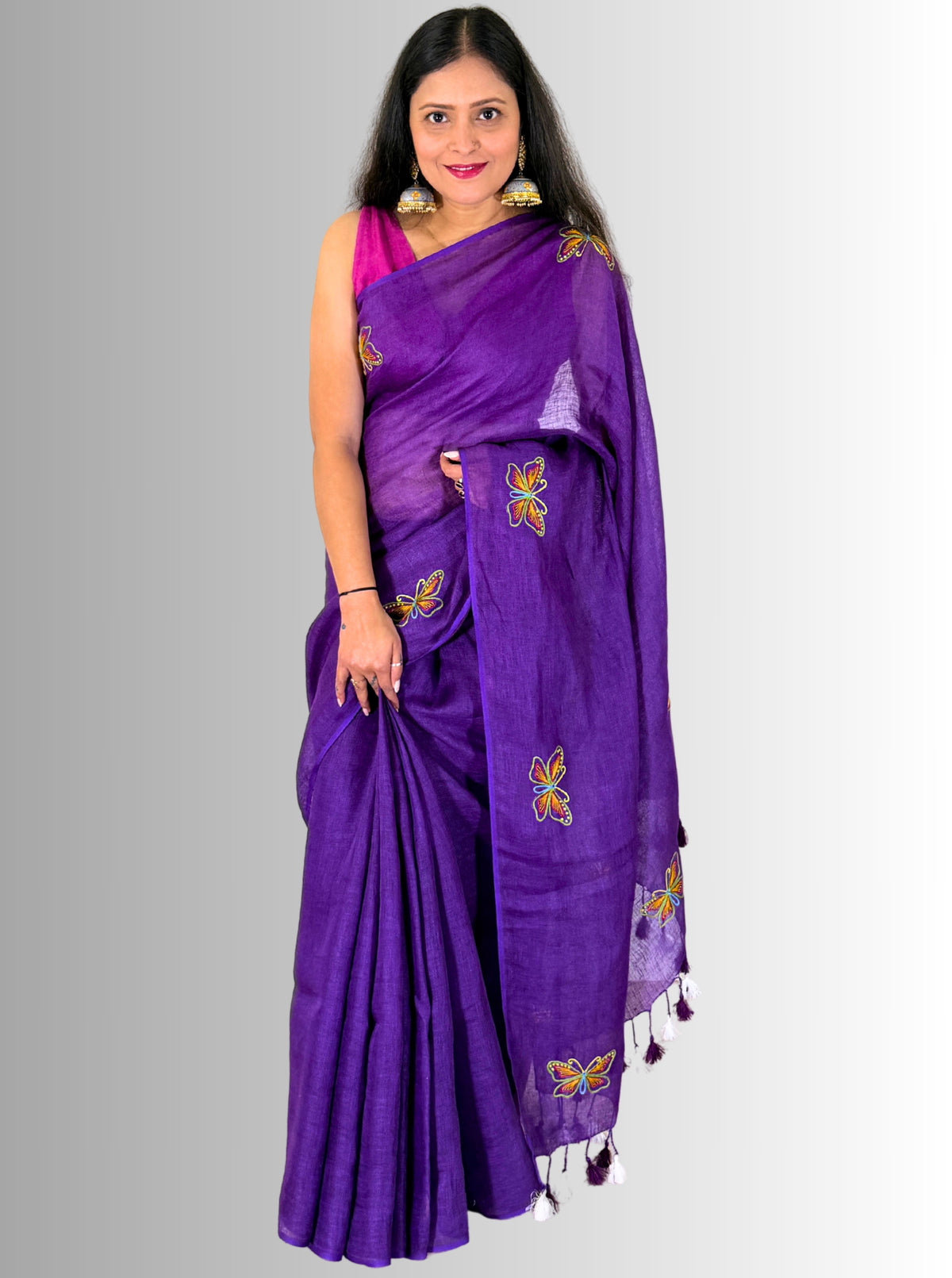 handloom linen with blouse purple hand embroidered saree with butterfly motif