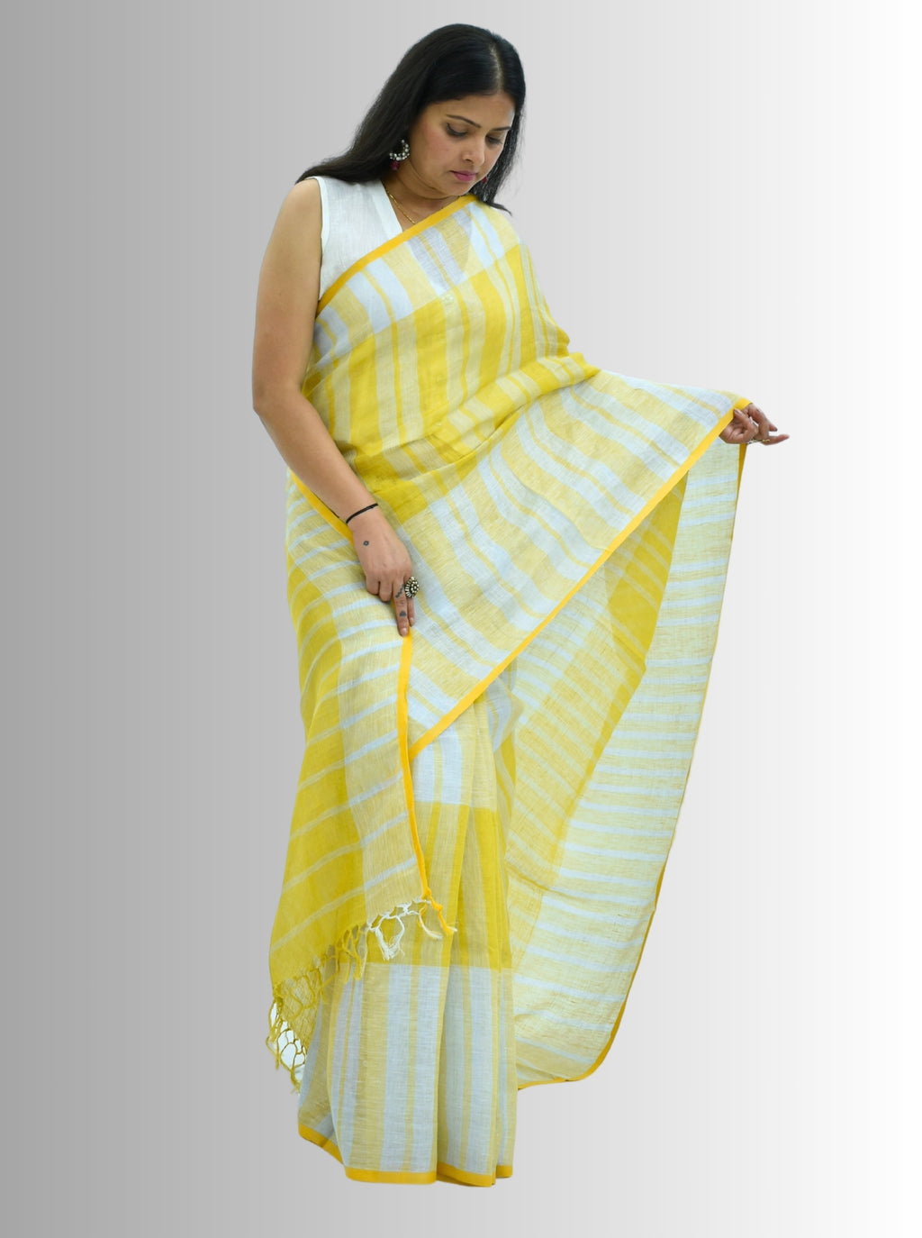 Pure Handloom Linen White & Yellow Saree
