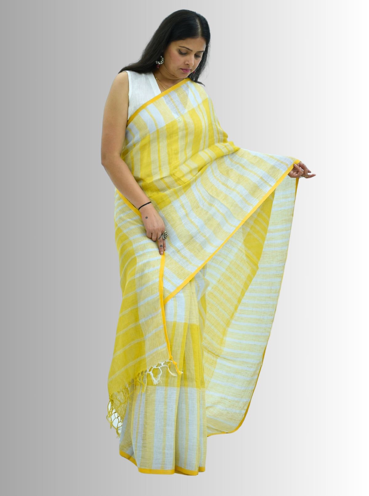Pure Handloom Linen White & Yellow Saree