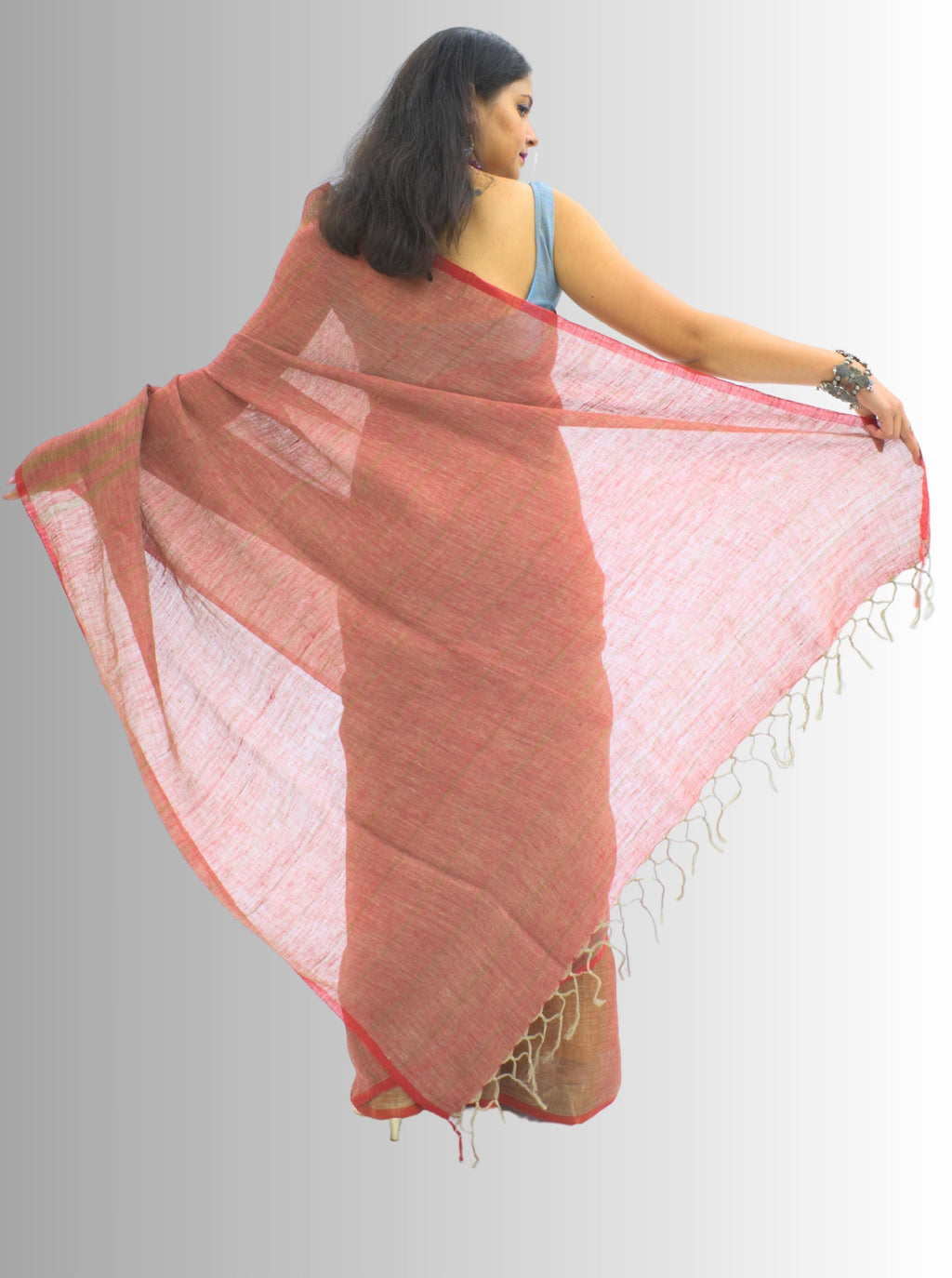 Pure Handloom Red & Brown Striped Linen Saree