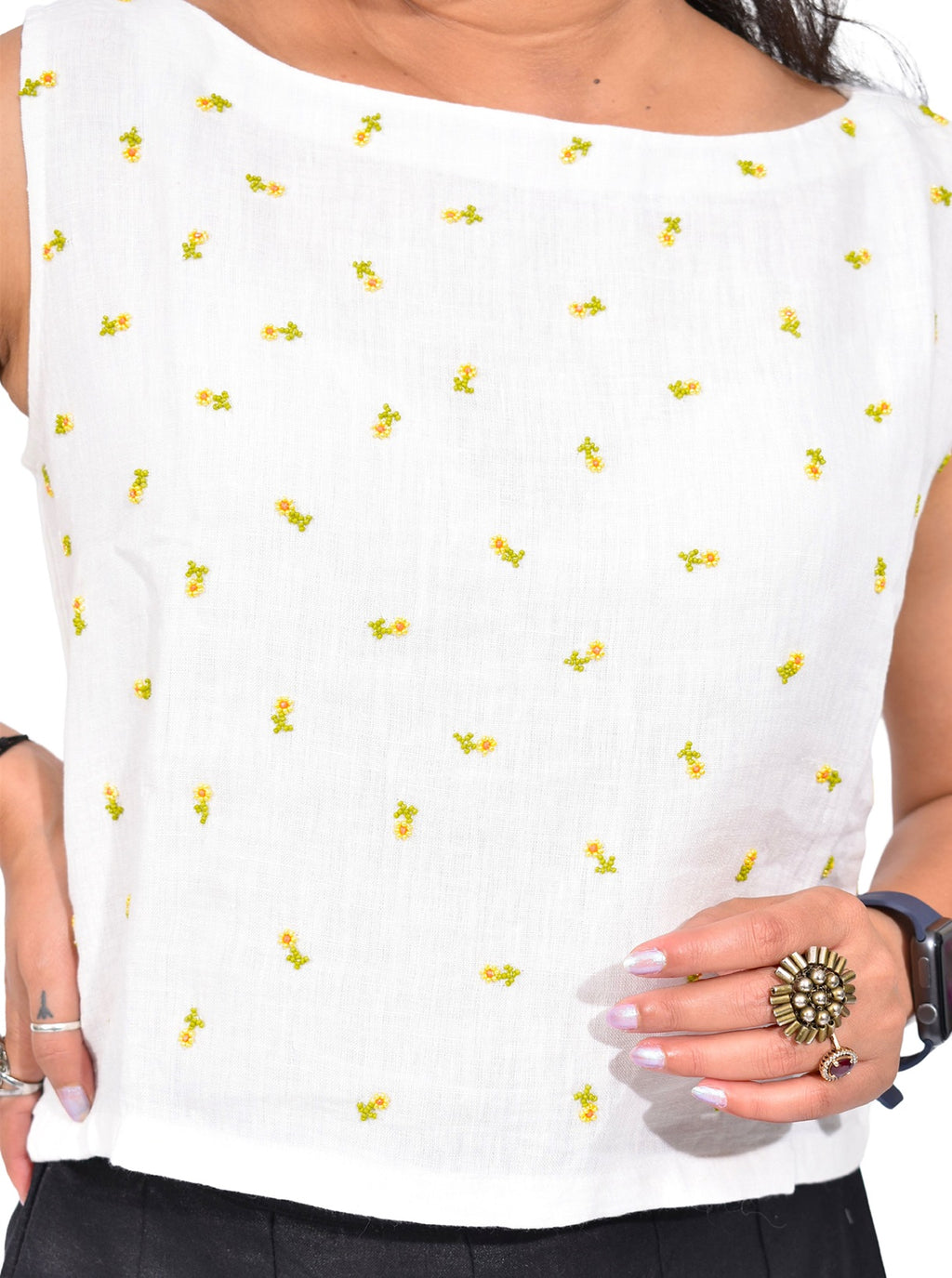 Pure Handloom Linen White Hand embroidered Top