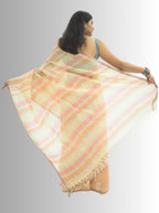 Pure Handloom Yellow, Peach & Silver Stripes Linen Saree