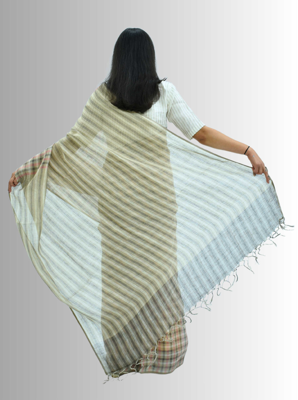 Pure Handloom Linen Beige Brown & Pink Check Saree