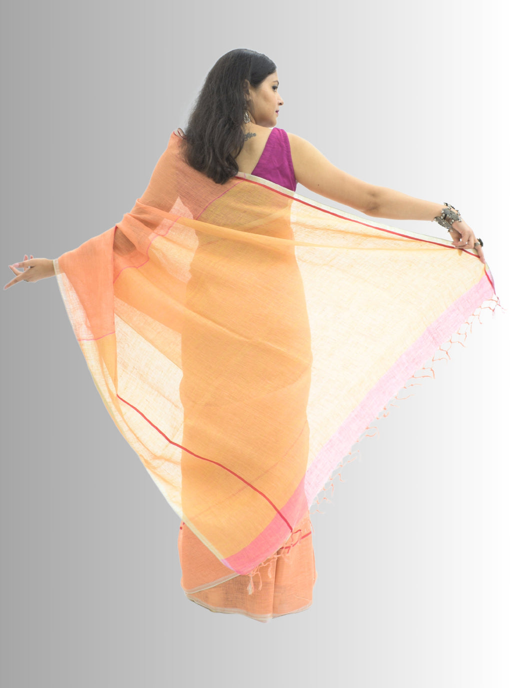 Pure Handloom Peach Linen Saree