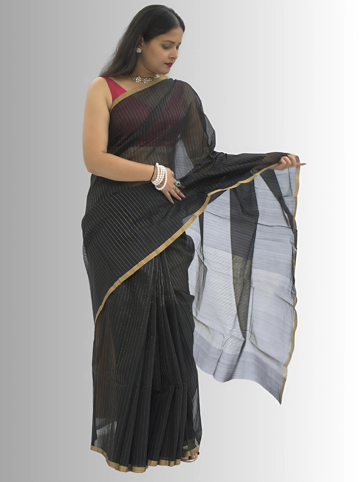 Chanderi Silk Black  Saree with Golden Zari Stripes