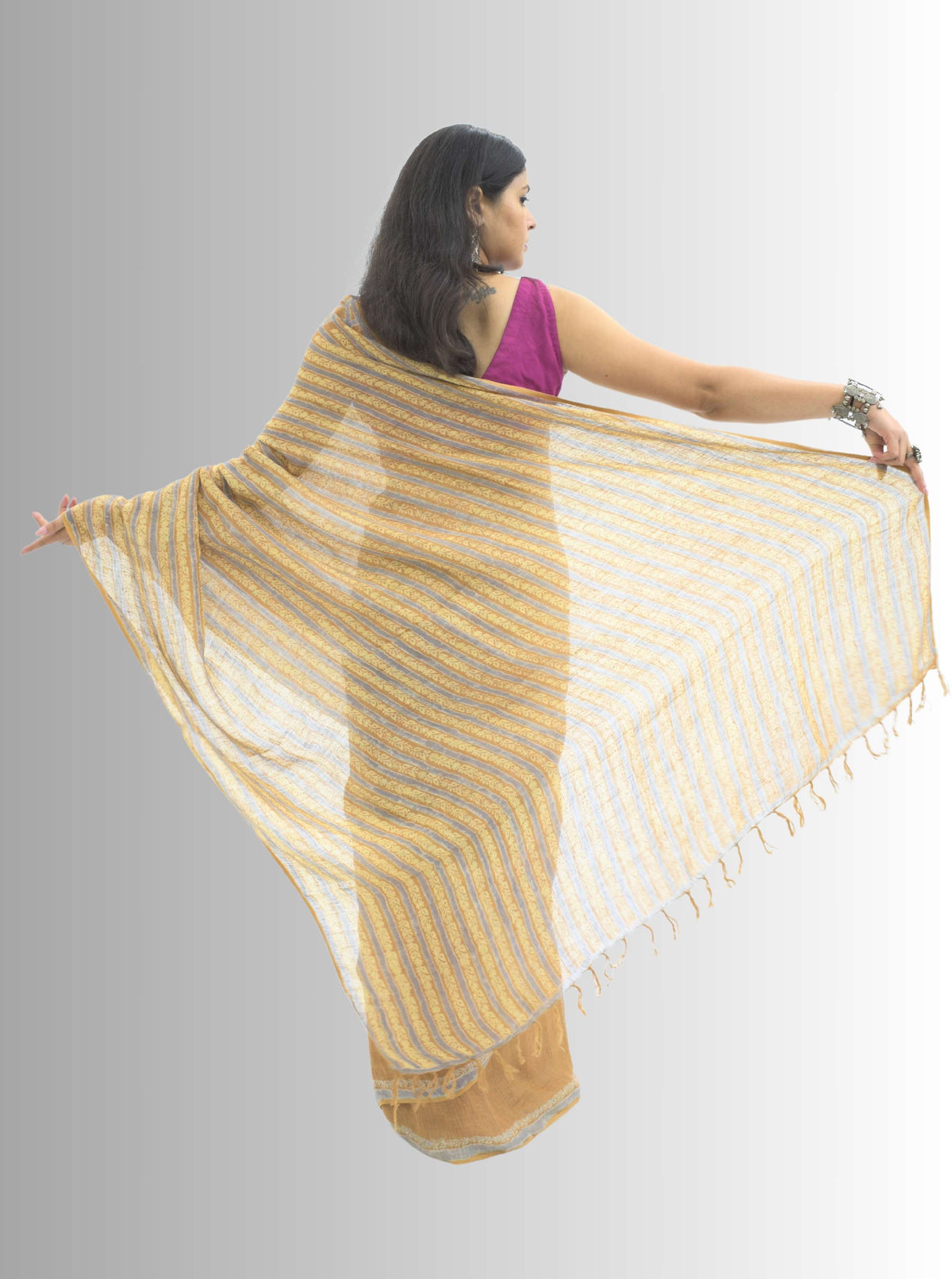 Pure Handloom Linen Brown Handblock Print Saree