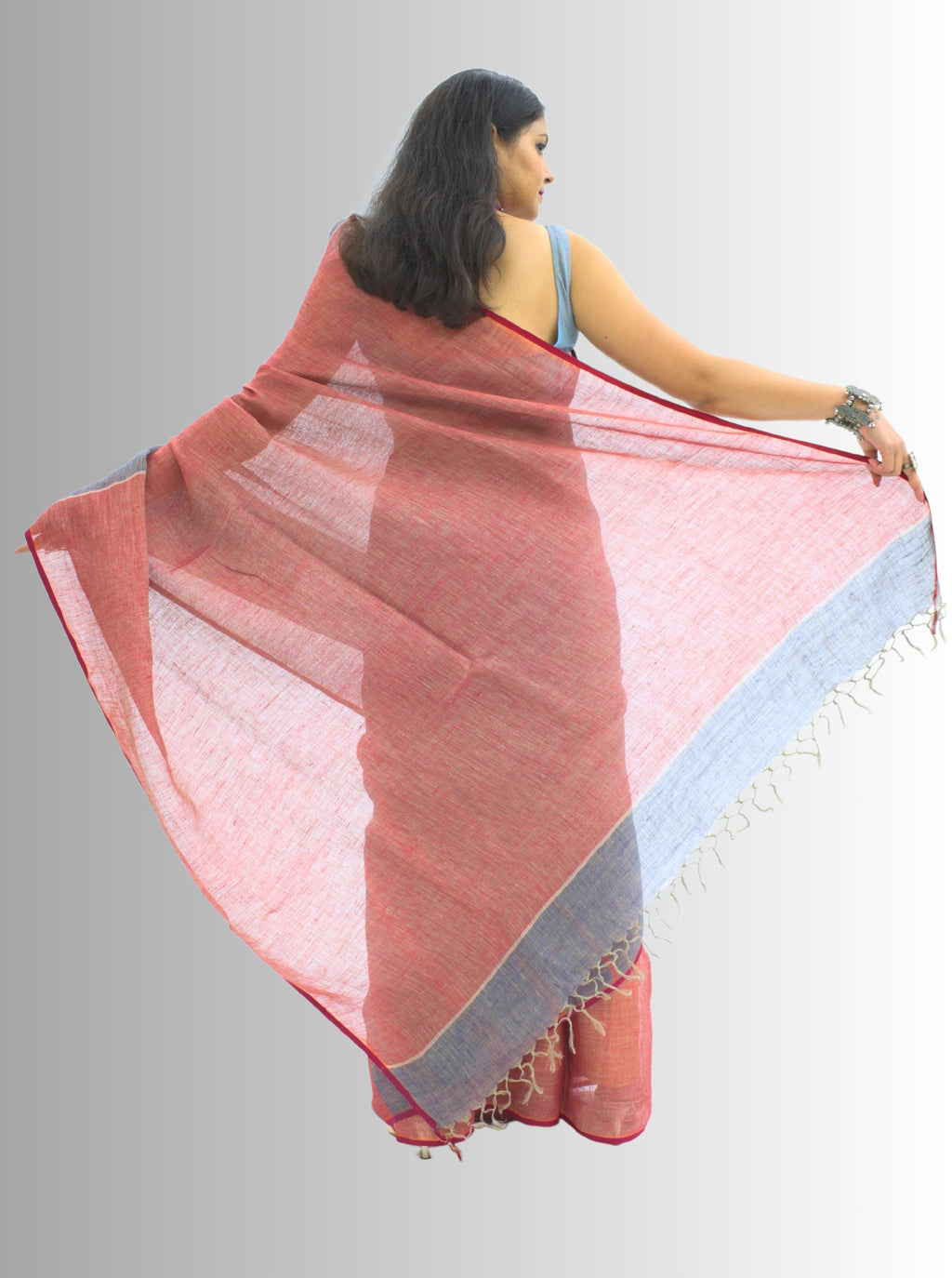 Pure Handloom Red & Orange Linen Saree
