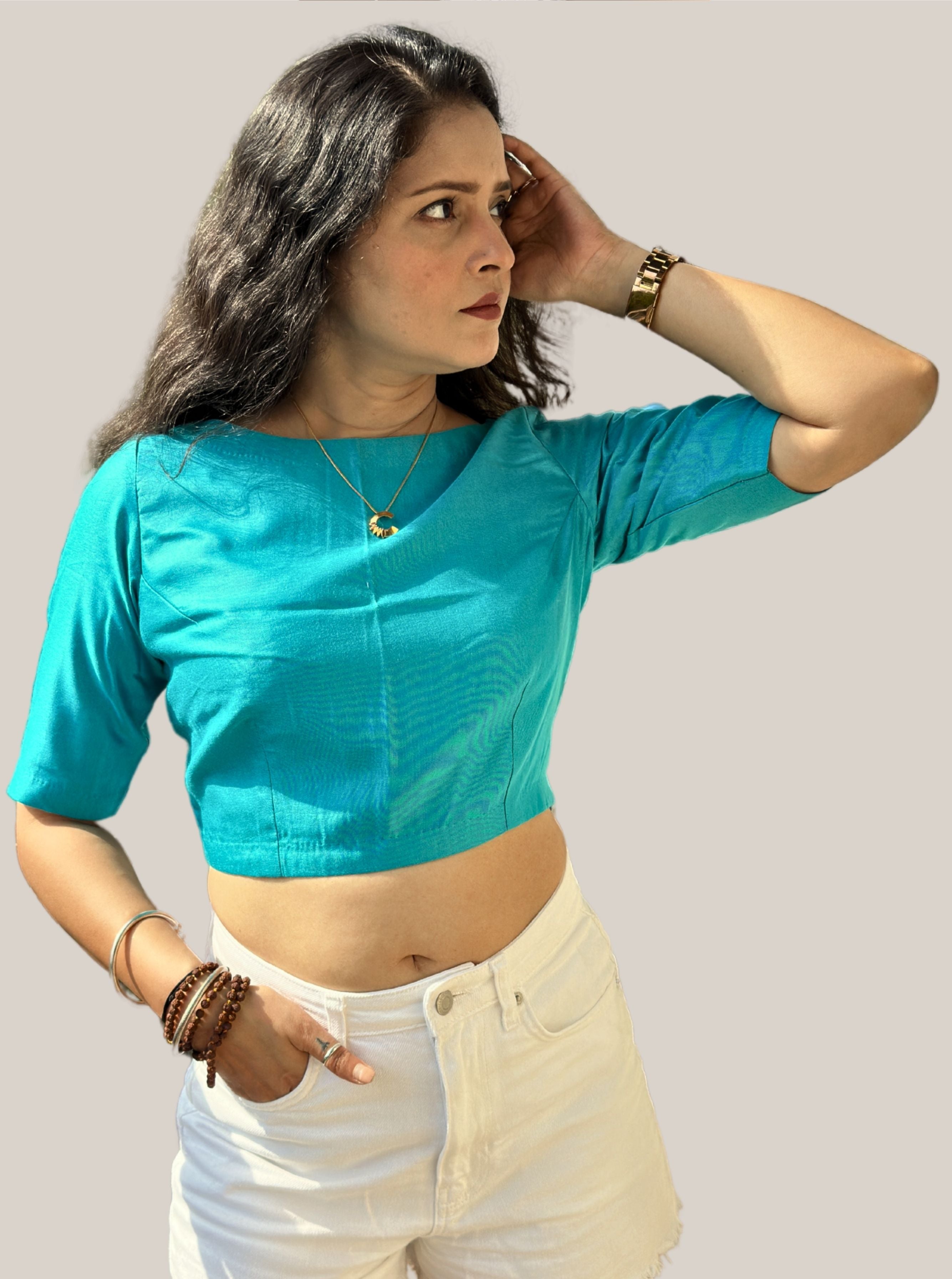 Boat Neck Turquoise Cotton Tussar Silk Blouse with Side Zipper