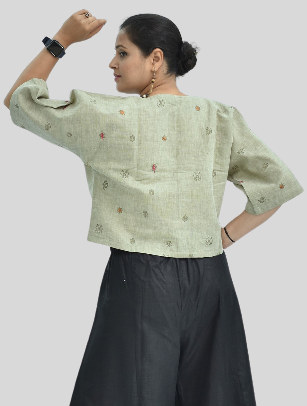 Pure Handloom Cotton Linen Earthy Green Color Hand embroidered Top