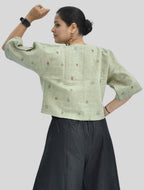 Pure Handloom Cotton Linen Earthy Green Color Hand embroidered Top
