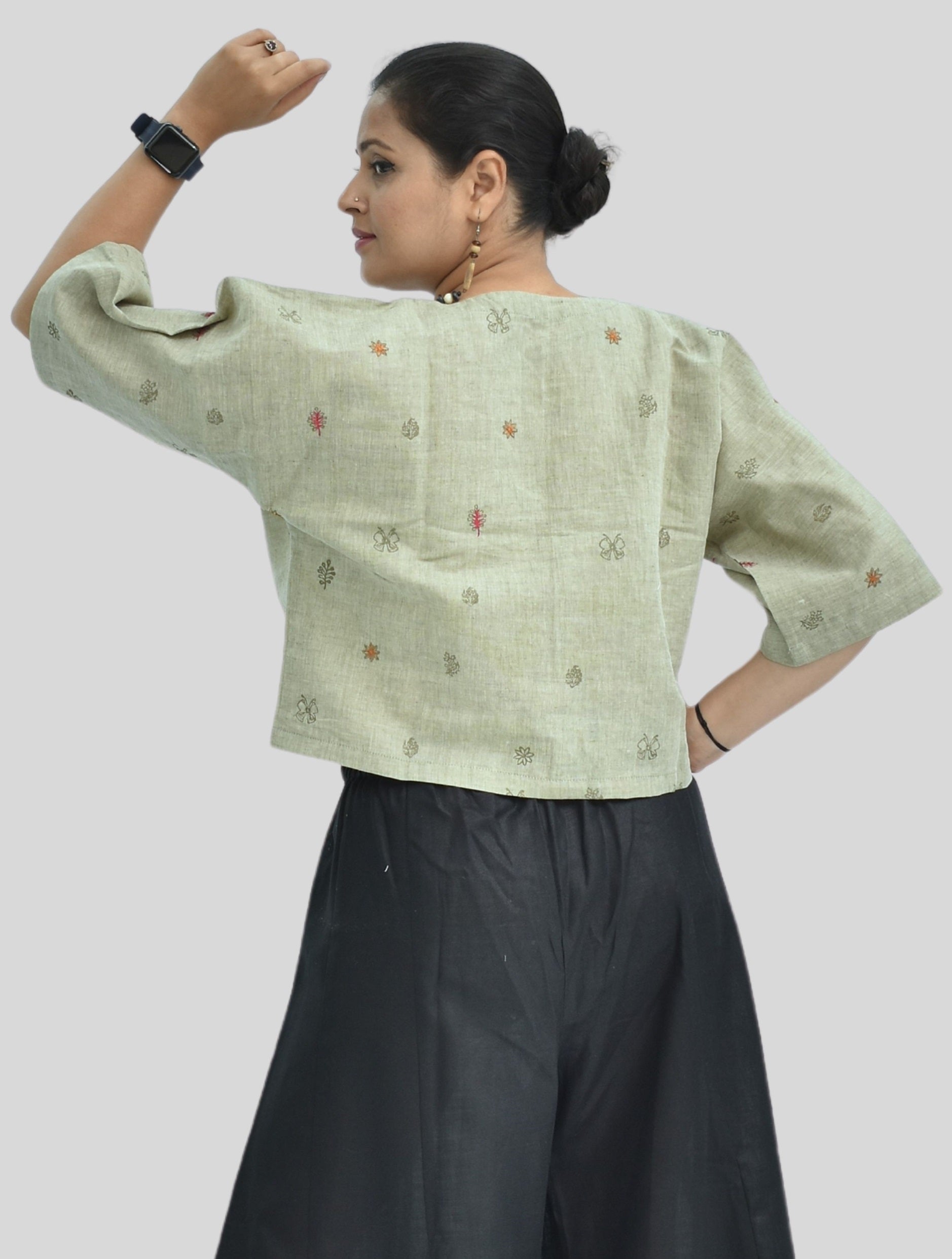 Pure Handloom Cotton Linen Earthy Green Color Hand embroidered Top