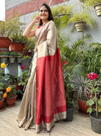 Pure handloom Beige and Red Ghicha Tussar Silk sare