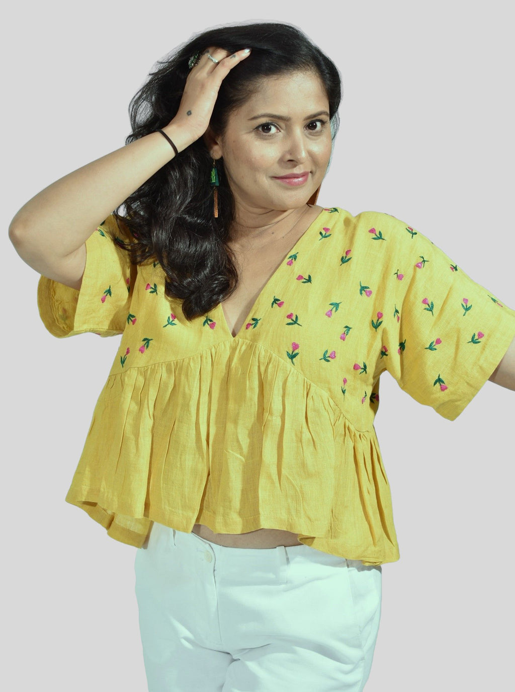 Pure Handloom Linen Haldi Yellow Hand-Embroidered Top