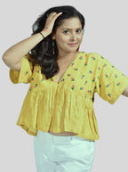 Pure Handloom Linen Haldi Yellow Hand-Embroidered Top