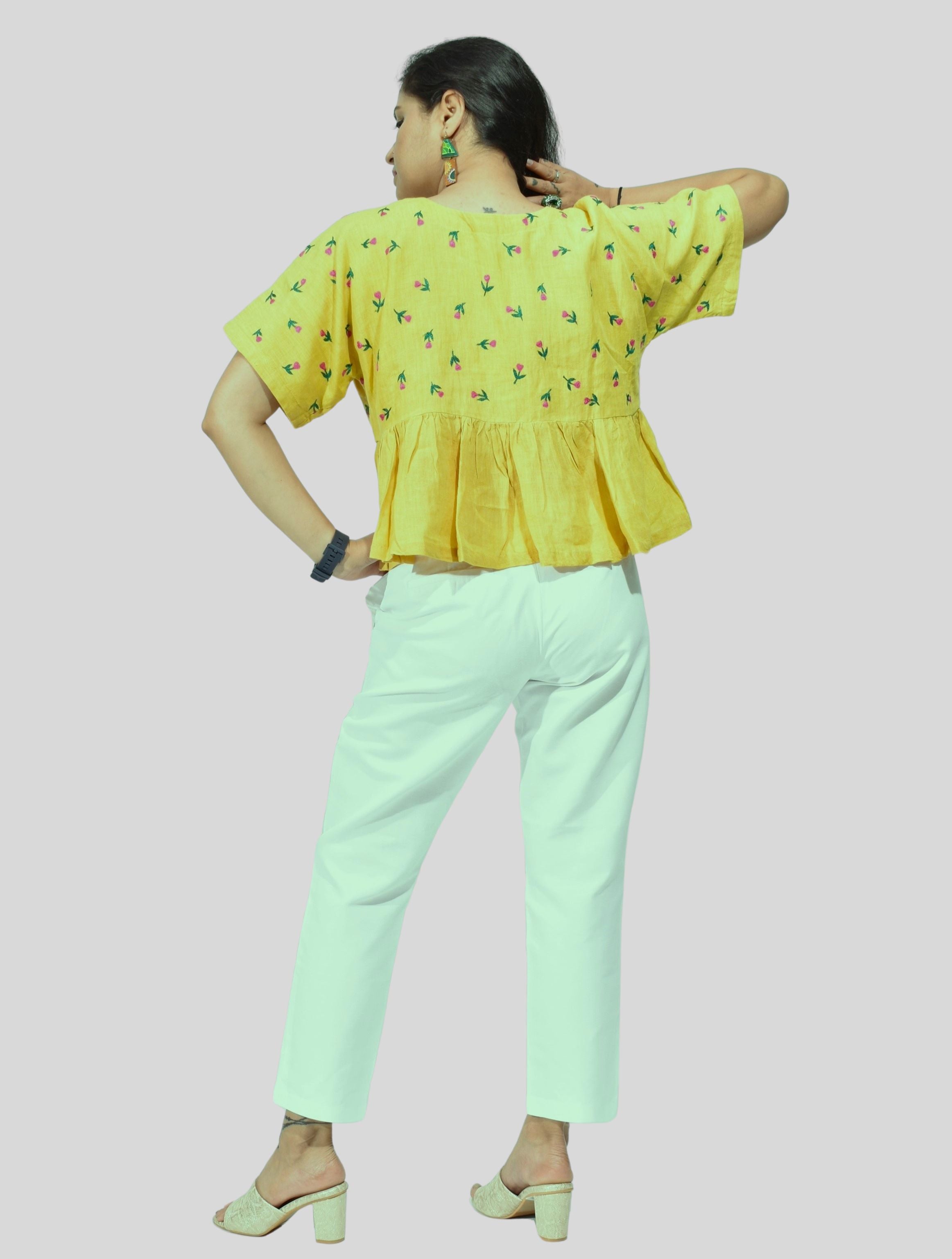 Pure Handloom Linen Haldi Yellow Hand-Embroidered Top