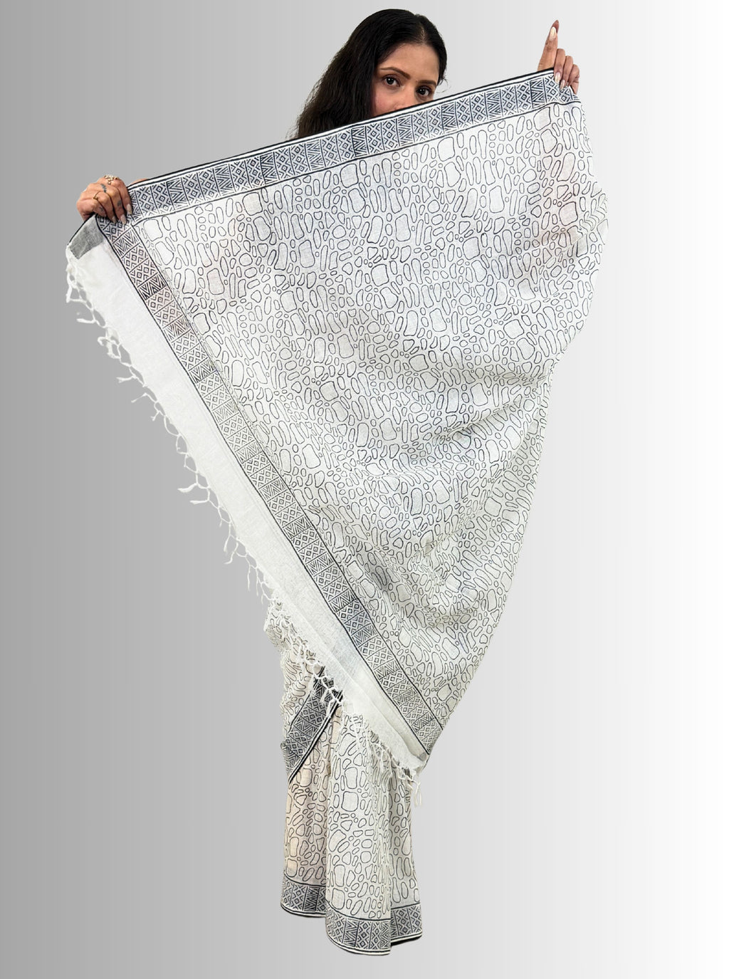 Handloom Cotton Linen White Hand Block Print Saree with Blouse, Featuring Facing and Tapering Work Done