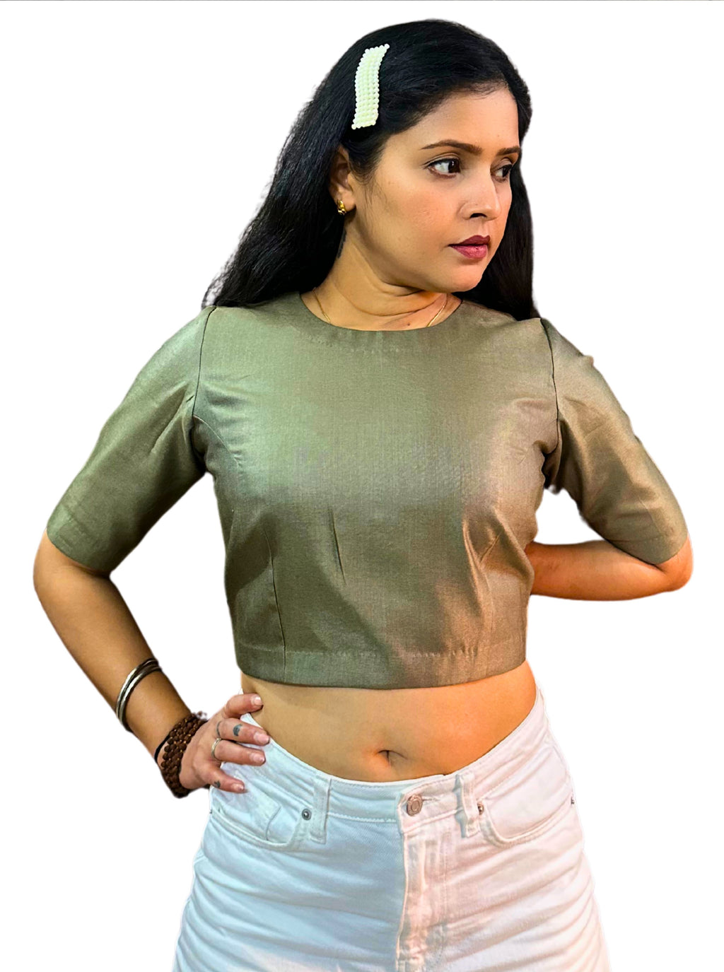 Dark Olive Green Cotton Tussar Silk Blouse with Round Neck and Back Wooden Buttons