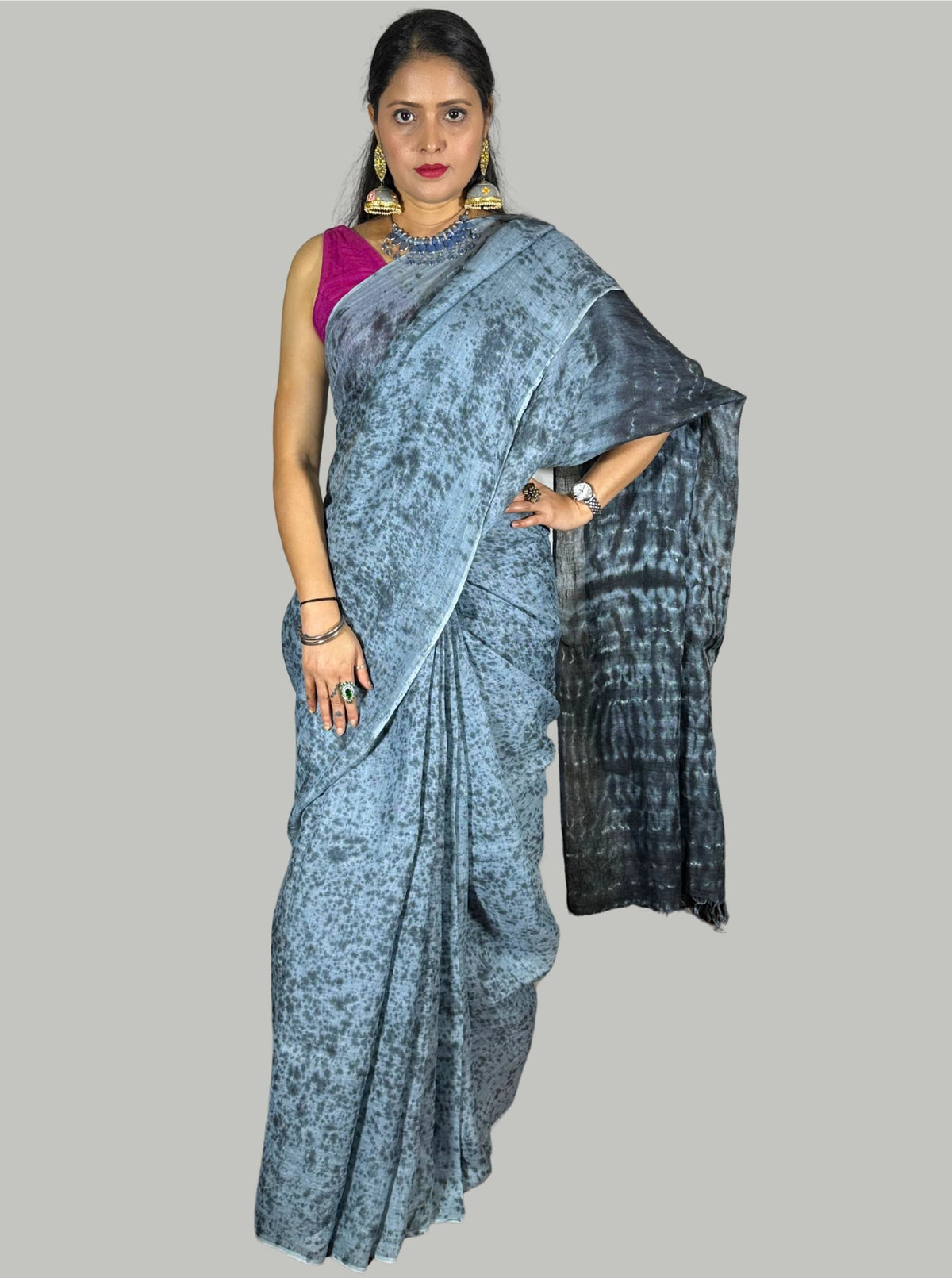 tye and dye grey colour handloom linen saree