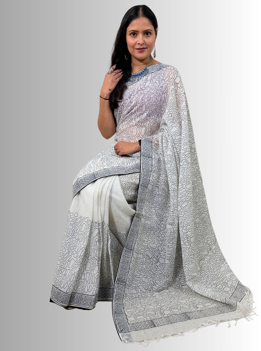 Handloom Cotton Linen White Hand Block Print Saree with Blouse, Featuring Facing and Tapering Work Done
