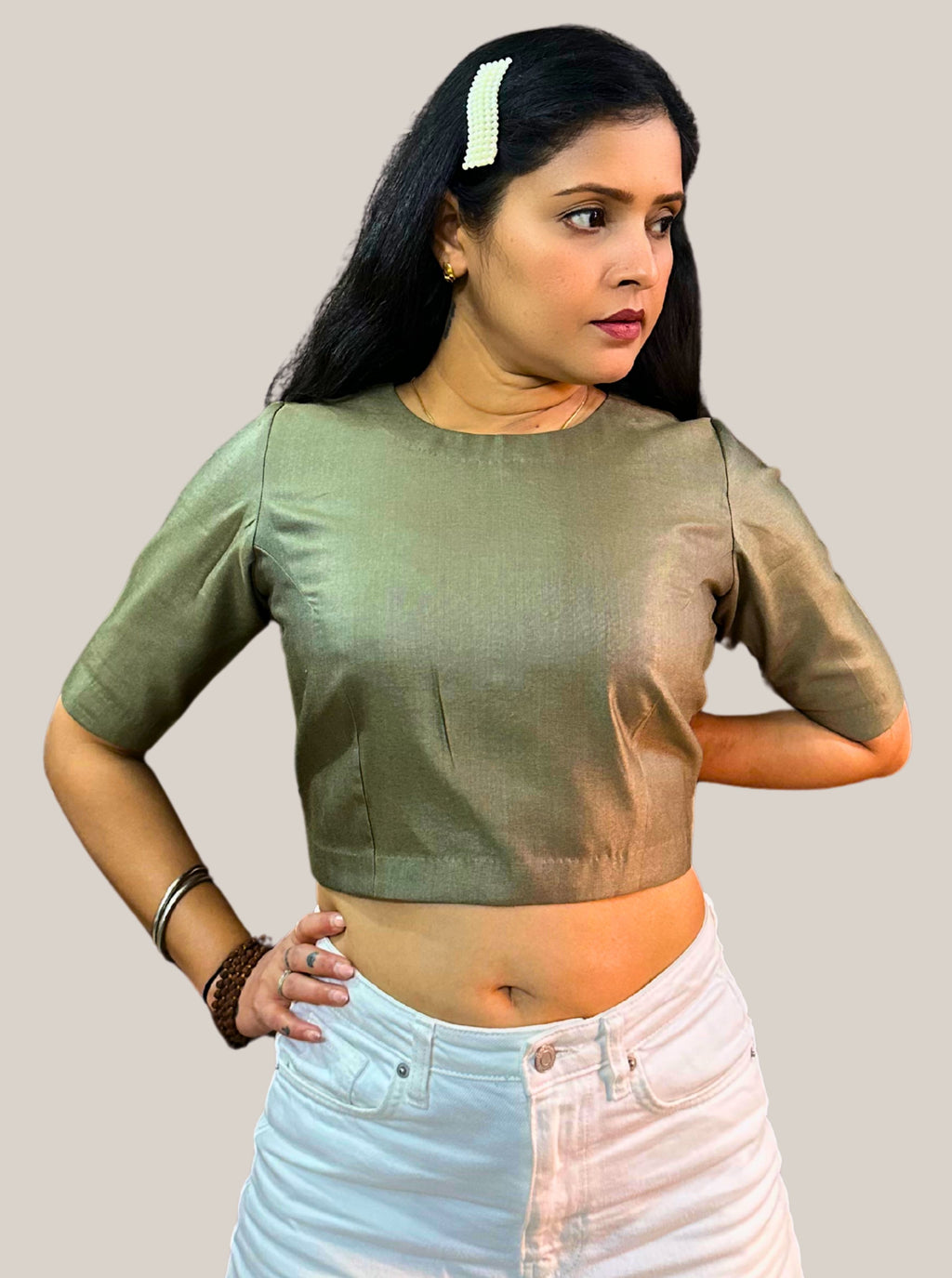 Dark Olive Green Cotton Tussar Silk Blouse with Round Neck and Back Wooden Buttons
