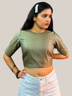 Dark Olive Green Cotton Tussar Silk Blouse with Round Neck and Back Wooden Buttons