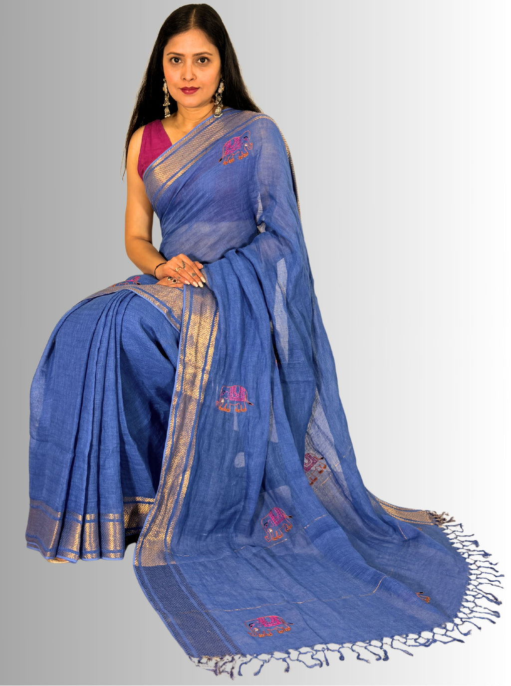 Blue handloom saree with copper zari border with hand embroiedry