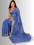 Blue handloom saree with copper zari border with hand embroiedry