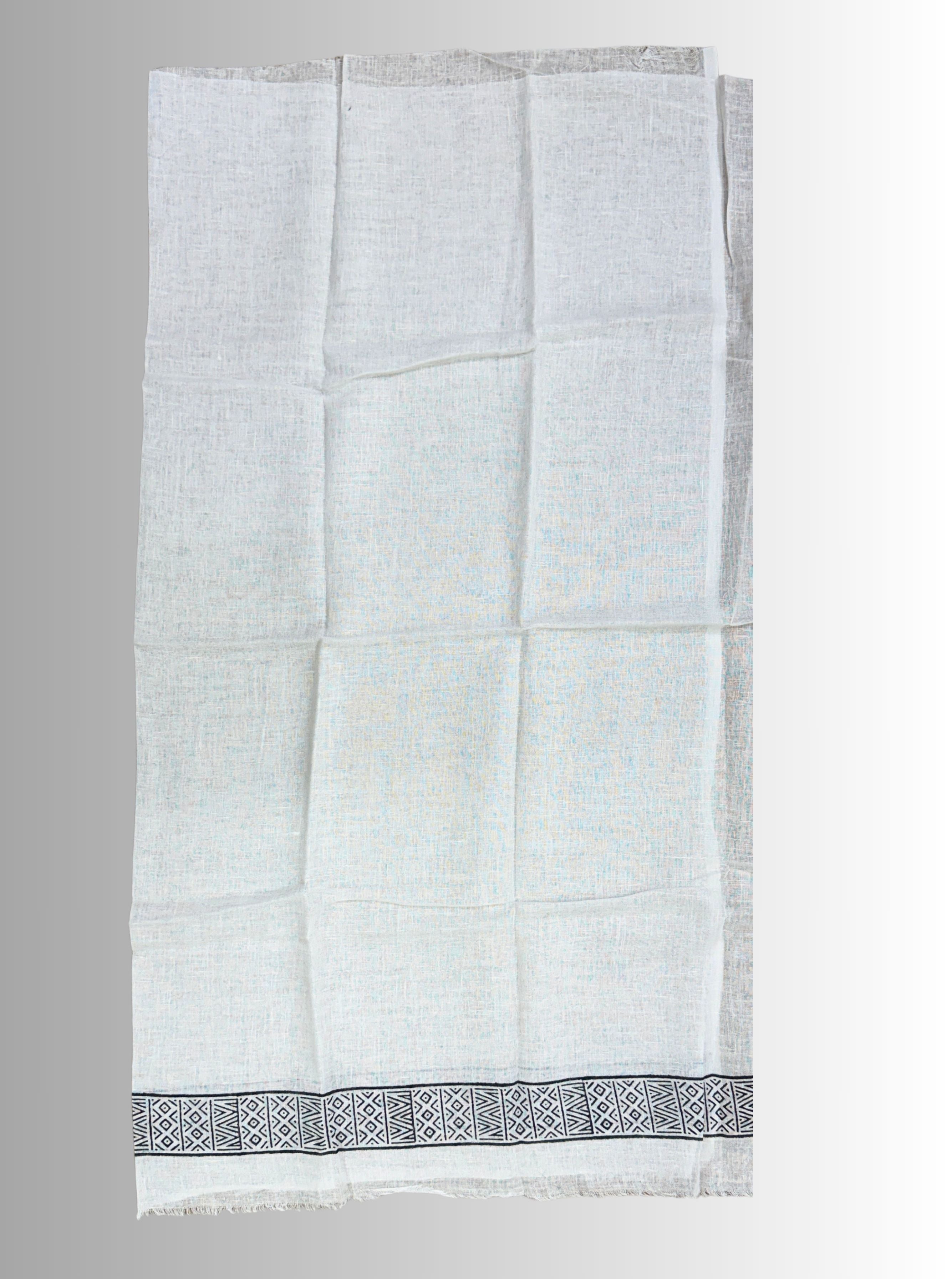 Handloom Cotton Linen White Hand Block Print Saree with Blouse, Featuring Facing and Tapering Work Done