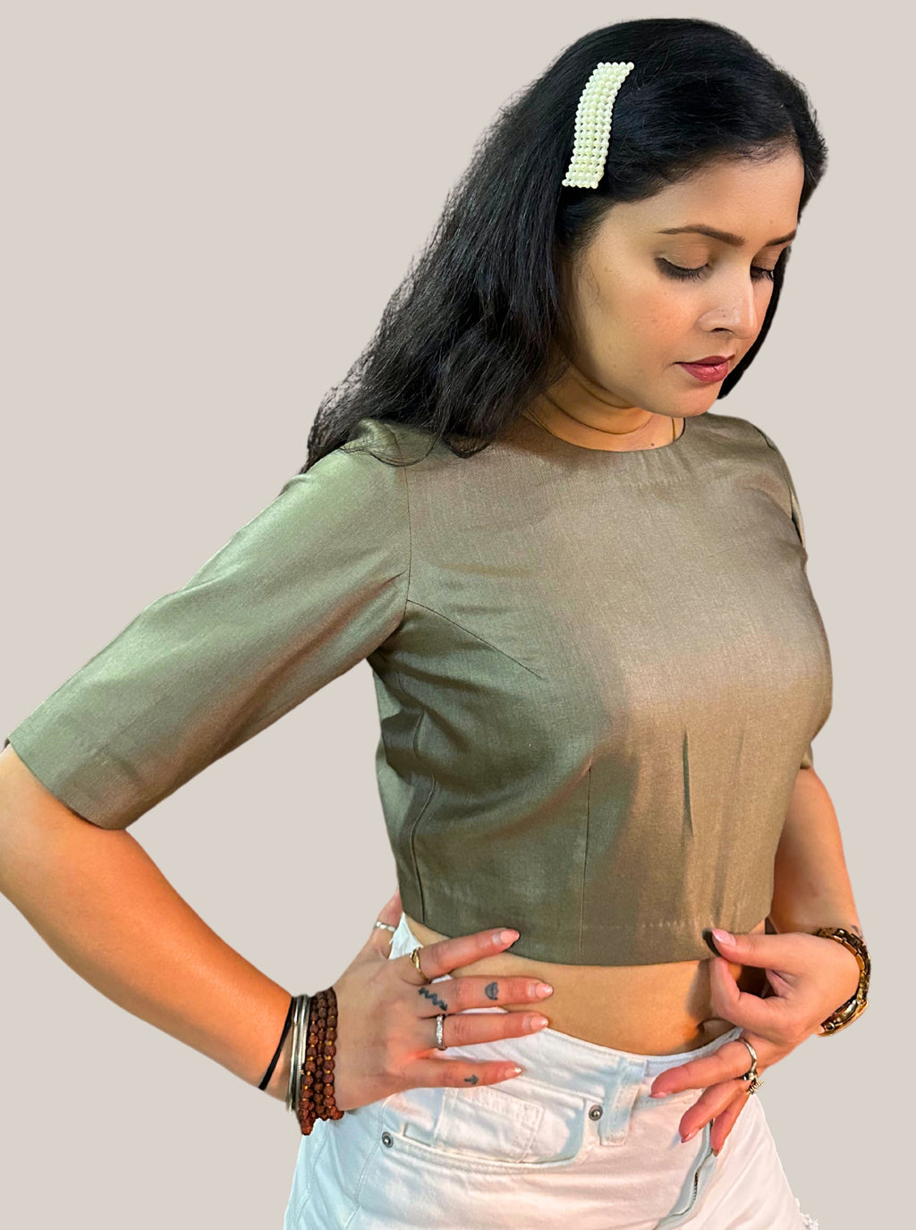 Dark Olive Green Cotton Tussar Silk Blouse with Round Neck and Back Wooden Buttons