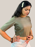 Dark Olive Green Cotton Tussar Silk Blouse with Round Neck and Back Wooden Buttons