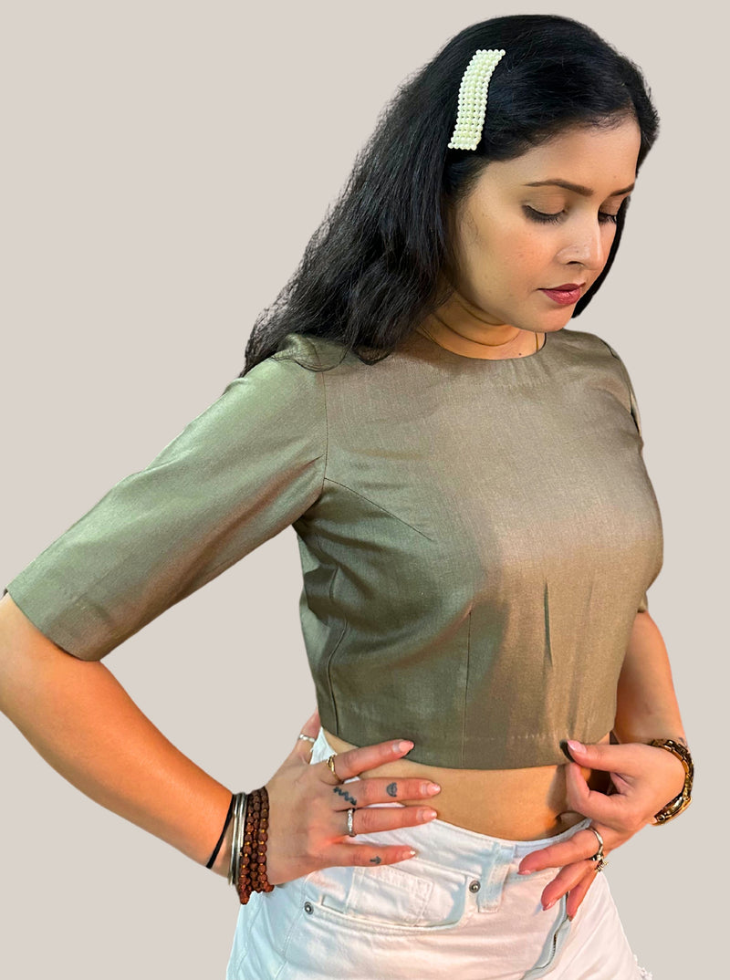 Dark Olive Green Cotton Tussar Silk Blouse with Round Neck and Back Wooden Buttons