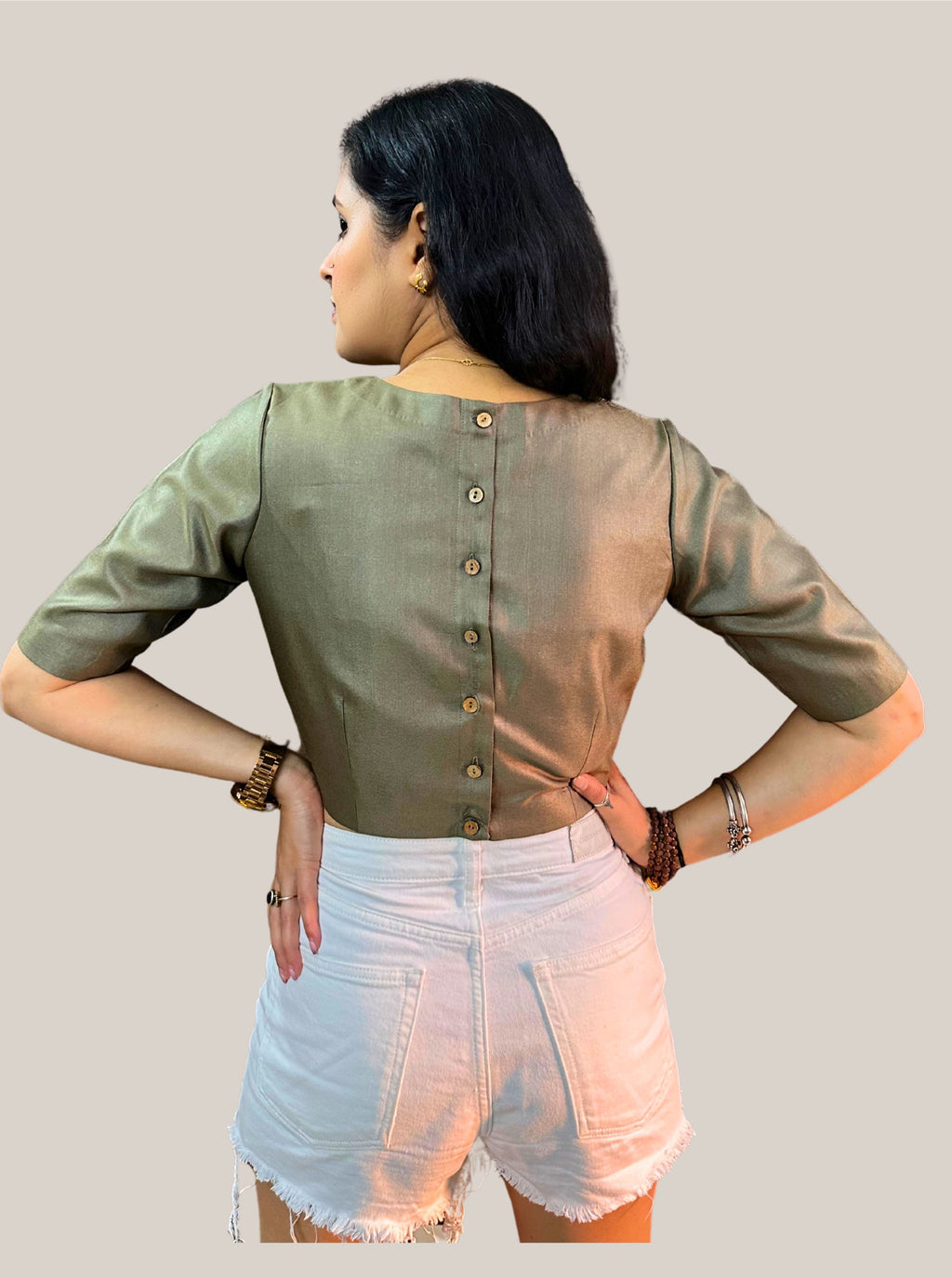 Dark Olive Green Cotton Tussar Silk Blouse with Round Neck and Back Wooden Buttons