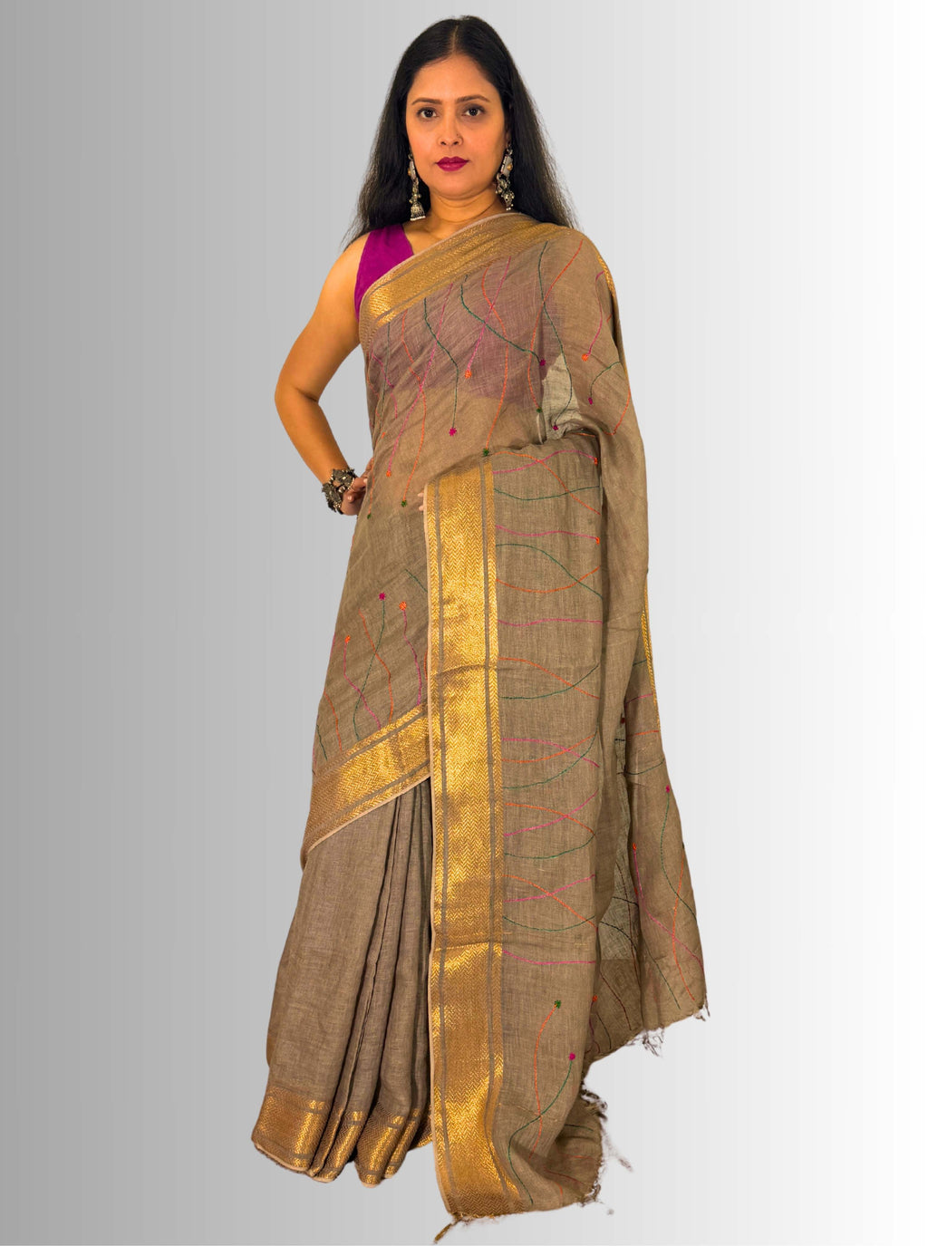 mouse colour handloom  linen saree with jaal hand embroiedry