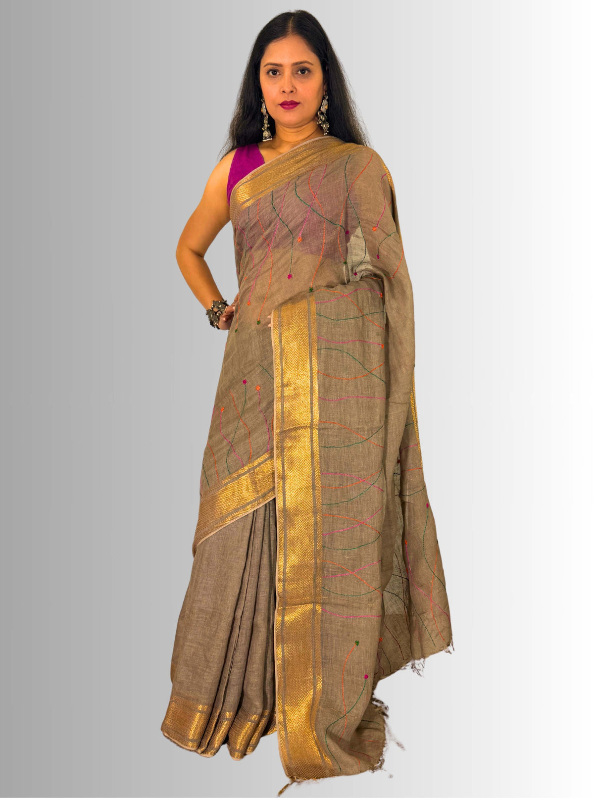 mouse colour handloom  linen saree with jaal hand embroiedry