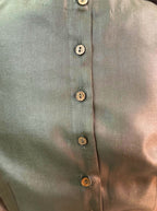 Dark Olive Green Cotton Tussar Silk Blouse with Round Neck and Back Wooden Buttons