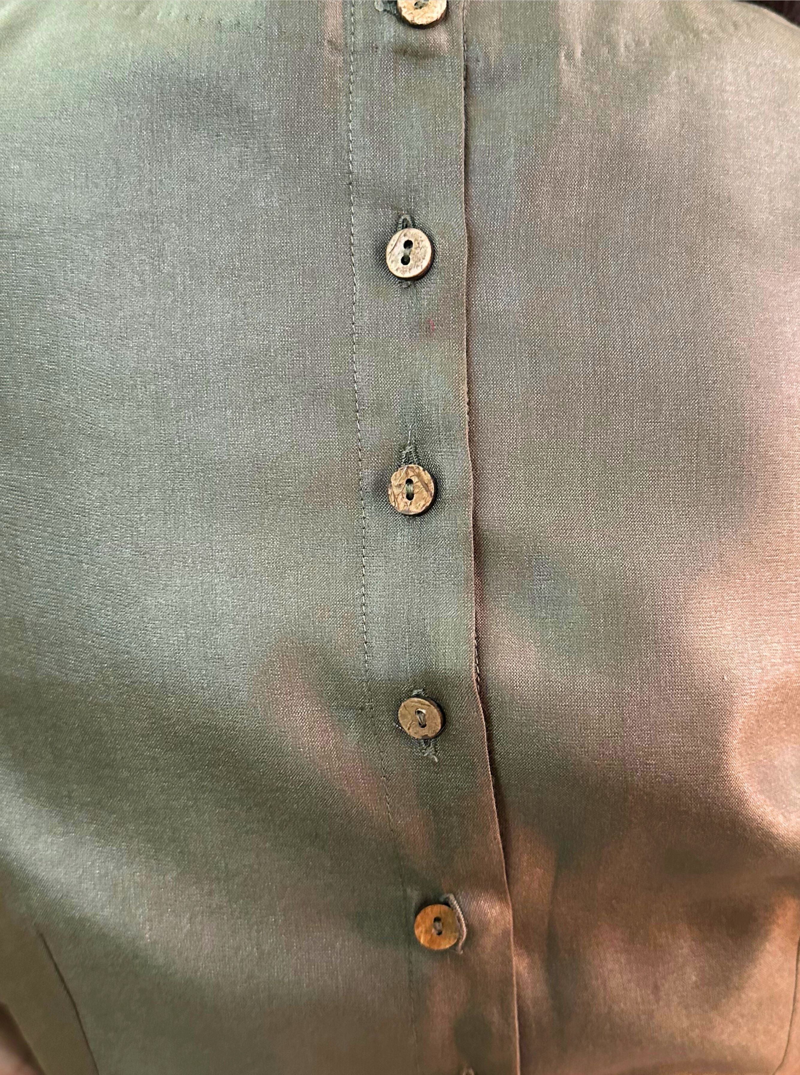 Dark Olive Green Cotton Tussar Silk Blouse with Round Neck and Back Wooden Buttons