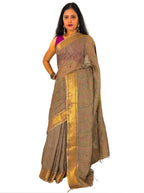 mouse colour handloom  linen saree with jaal hand embroiedry