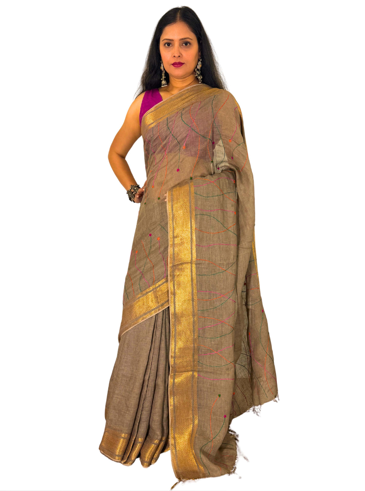 mouse colour handloom  linen saree with jaal hand embroiedry