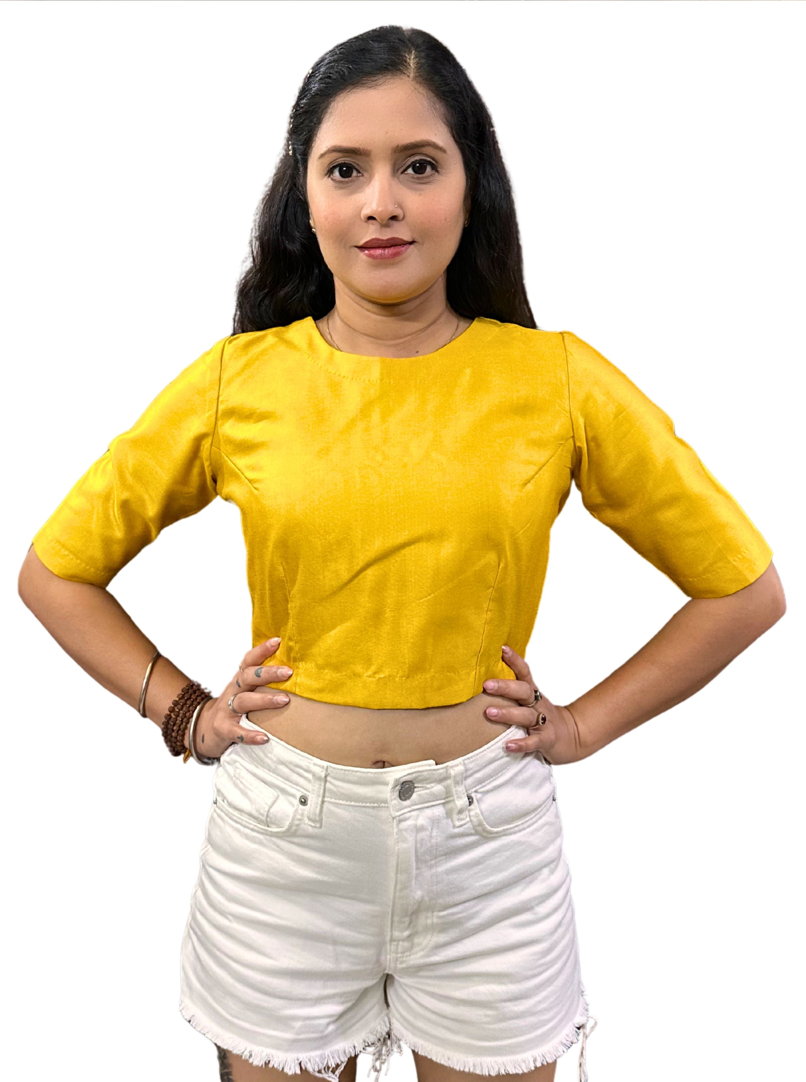Dark Mango Yellow Cotton Tussar Silk Blouse with Round Neck and Back Wooden Buttons