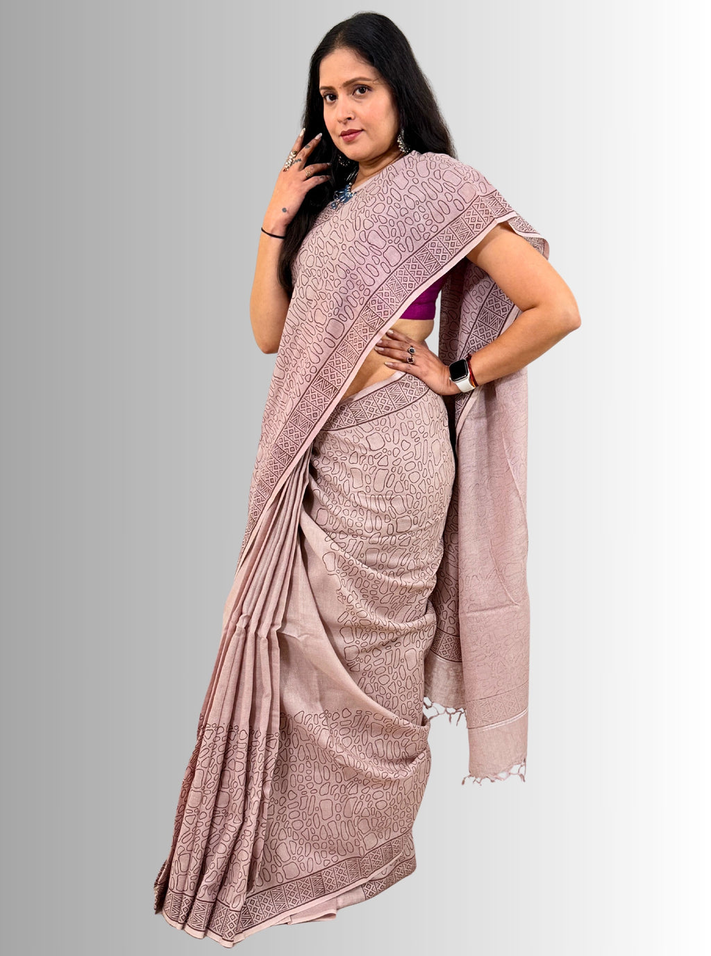 handloom cotton jaal hand block print saree with blouse
