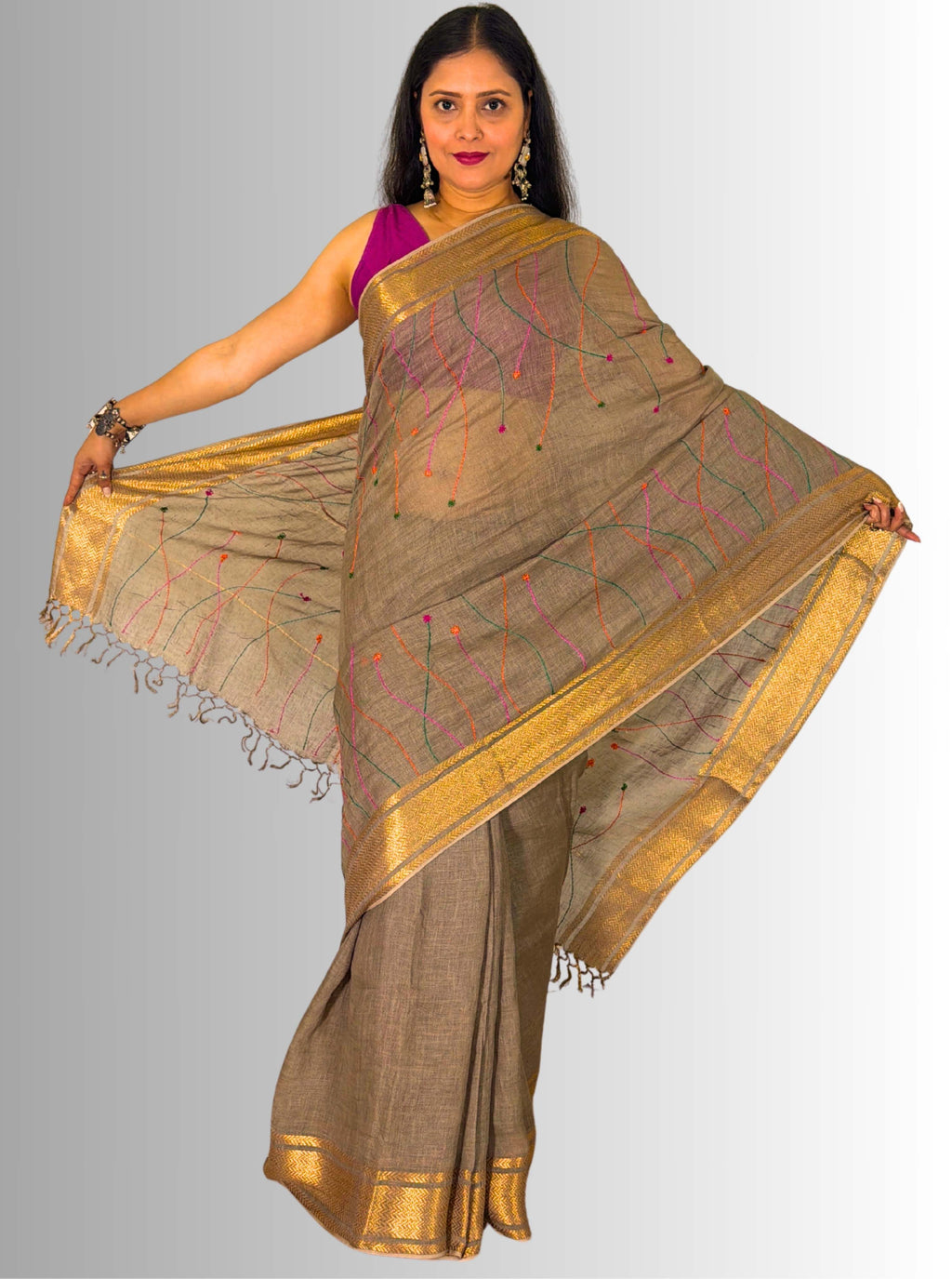 mouse colour handloom  linen saree with jaal hand embroiedry