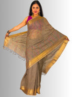 mouse colour handloom  linen saree with jaal hand embroiedry