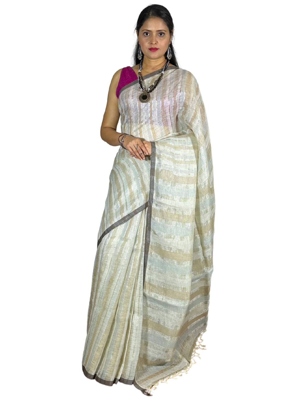 Beige handloom linen saree with silver tissue stripes with blouse